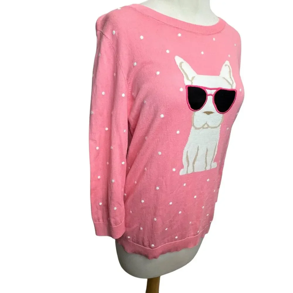 Talbots Sweater Womens M Pink Embroidered Novelty Dog Frenchie‎ Preppy Feminine